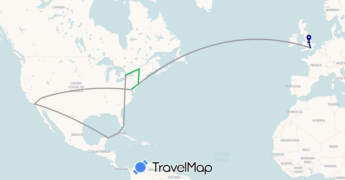 TravelMap itinerary: driving, bus, plane in Canada, Cuba, United Kingdom, Mexico, United States (Europe, North America)
